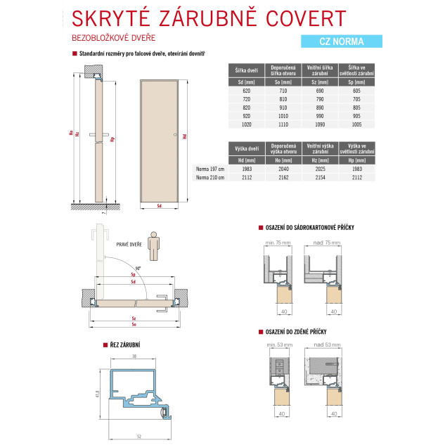 Skryté zárubně - Bezobložkové dveře, Otevírání dovnitř (CZ Norma) Skryté zárubně - Bezobložkové dveře, Otevírání dovnitř (CZ Norma)