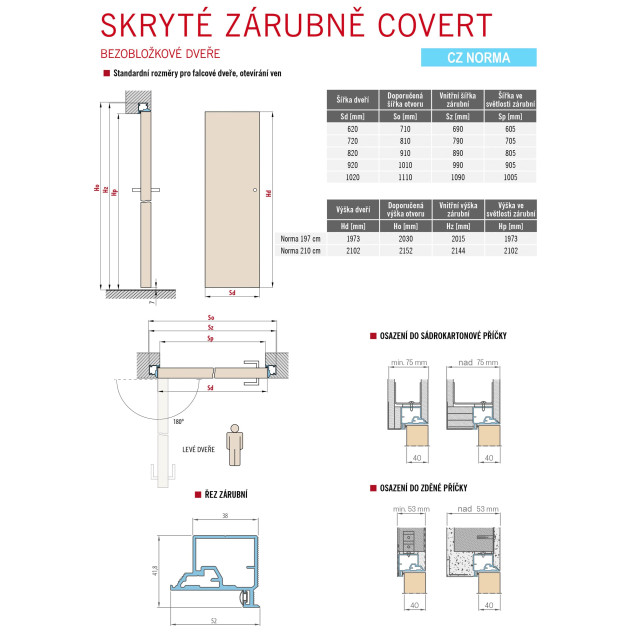 Skryté zárubně - Bezobložkové dveře, Otevírání ven (CZ Norma) Skryté zárubně - Bezobložkové dveře, Otevírání ven (CZ Norma)